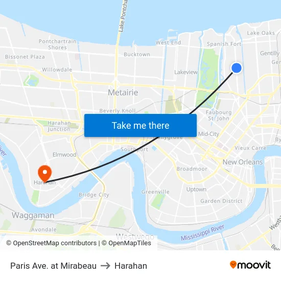Paris Ave. at Mirabeau to Harahan map