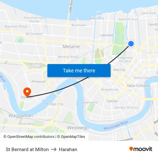 St Bernard at Milton to Harahan map