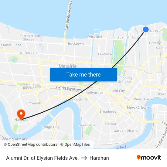 Alumni Dr. at Elysian Fields Ave. to Harahan map