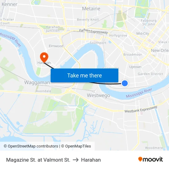 Magazine St. at Valmont St. to Harahan map