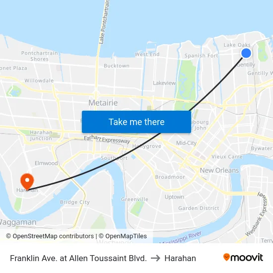 Franklin Ave. at Allen Toussaint Blvd. to Harahan map