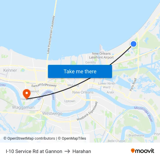 I-10 Service Rd at Gannon to Harahan map