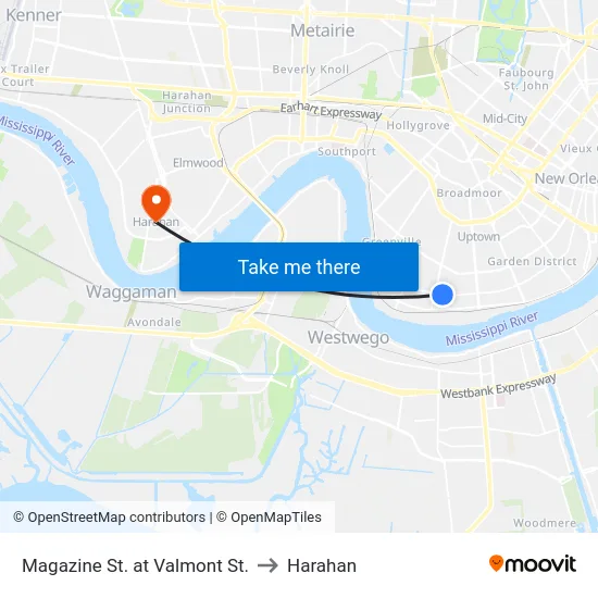 Magazine St. at Valmont St. to Harahan map
