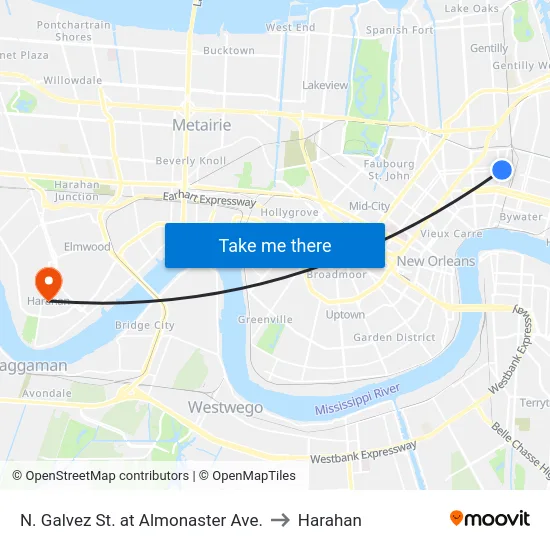 N. Galvez St. at Almonaster Ave. to Harahan map