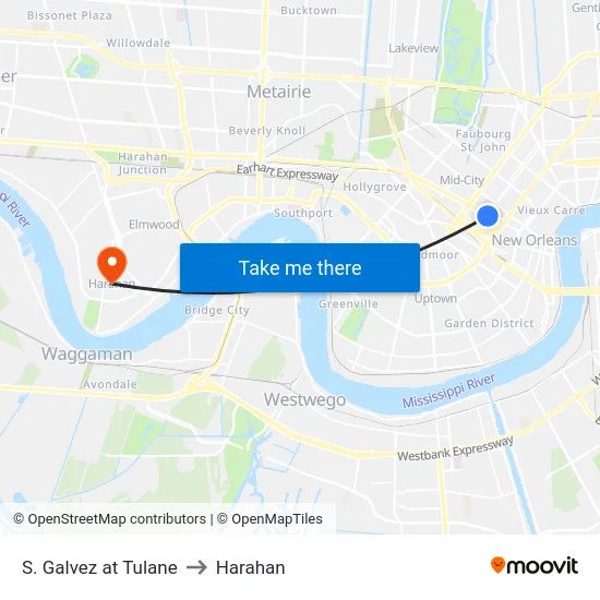 S. Galvez at Tulane to Harahan map