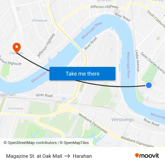 Magazine St. at Oak Mall to Harahan map