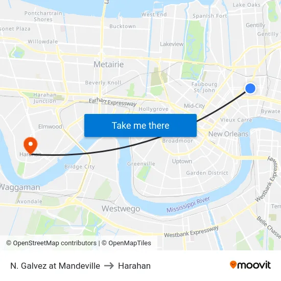 N. Galvez at Mandeville to Harahan map