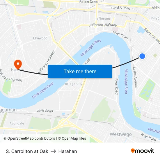 S. Carrollton at Oak to Harahan map