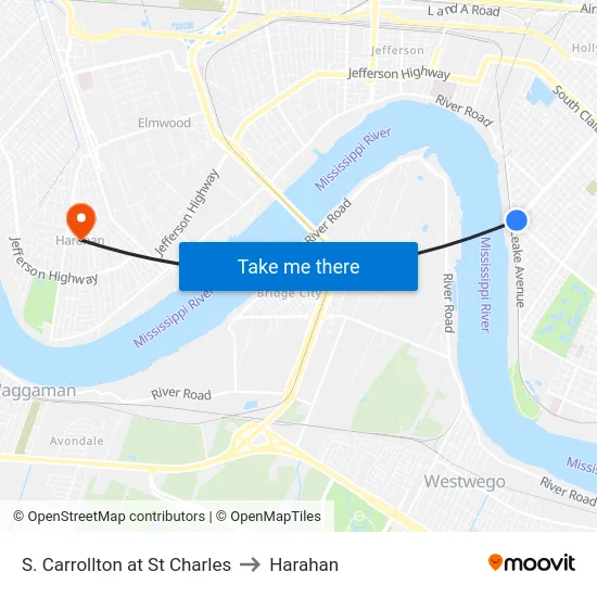 S. Carrollton at St Charles to Harahan map