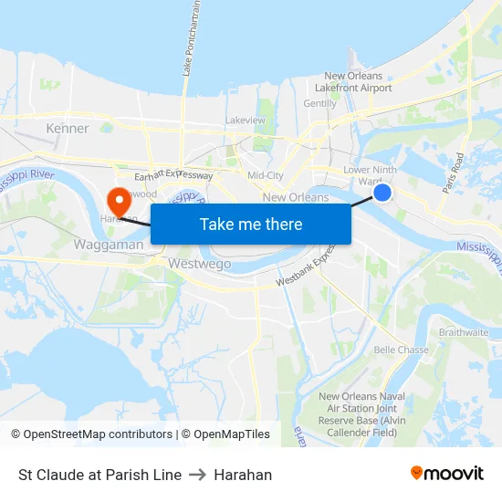 St Claude at Parish Line to Harahan map
