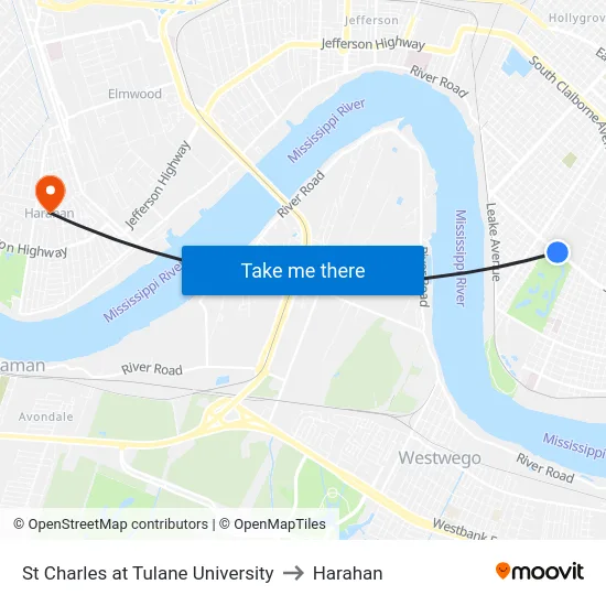 St Charles at Tulane University to Harahan map