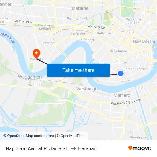 Napoleon Ave. at Prytania St. to Harahan map