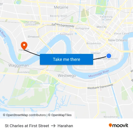 St Charles at First Street to Harahan map