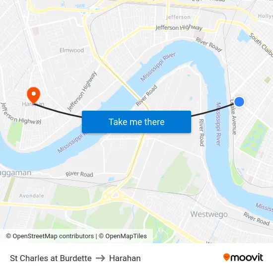 St Charles at Burdette to Harahan map