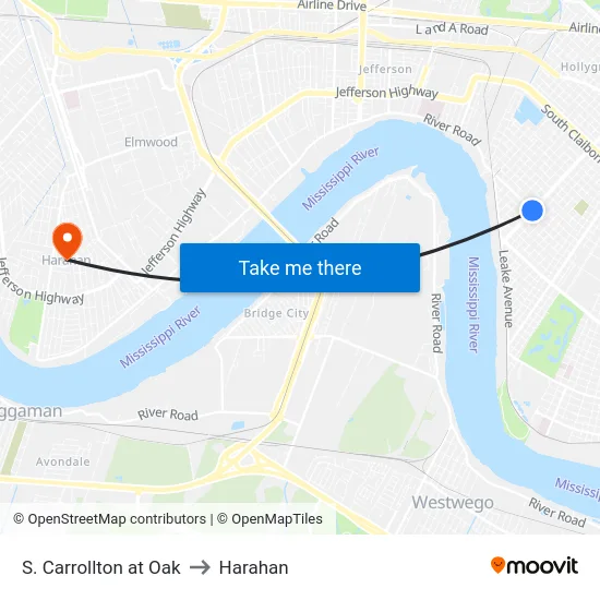 S. Carrollton at Oak to Harahan map