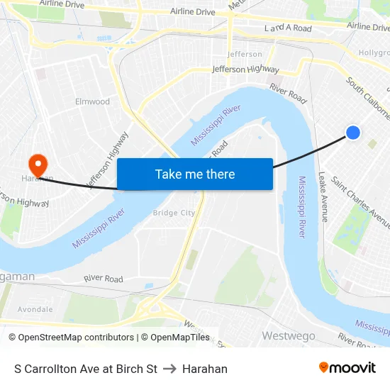 S Carrollton Ave at Birch St to Harahan map