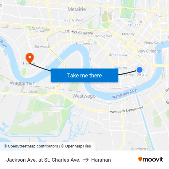Jackson Ave. at St. Charles Ave. to Harahan map