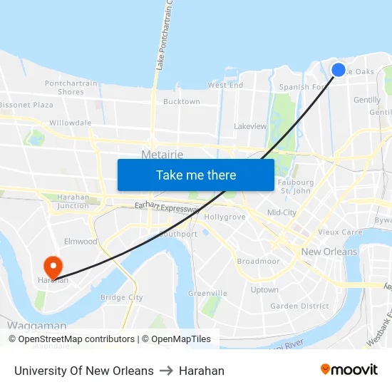 University Of New Orleans to Harahan map