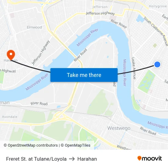 Freret St. at Tulane/Loyola to Harahan map