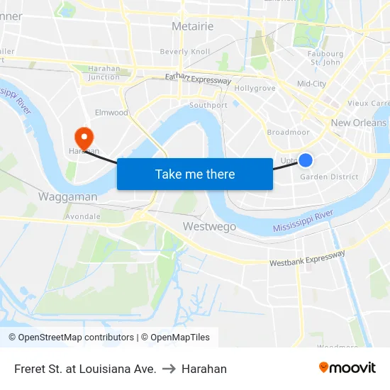 Freret St. at Louisiana Ave. to Harahan map
