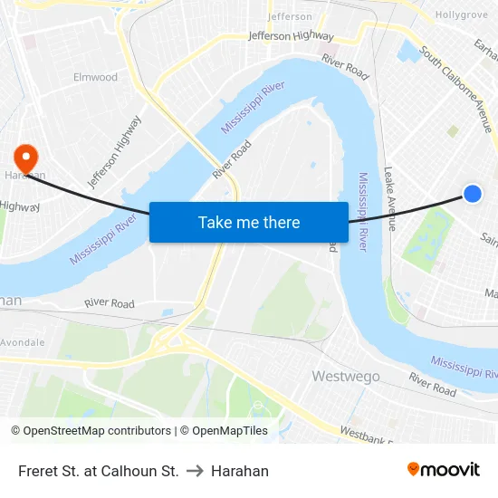 Freret St. at Calhoun St. to Harahan map