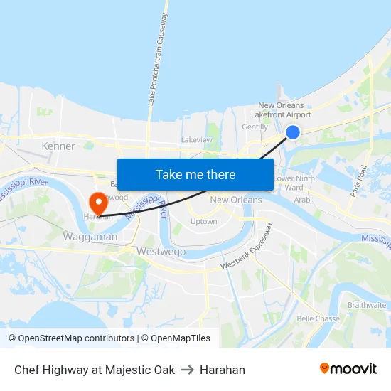 Chef Highway at Majestic Oak to Harahan map