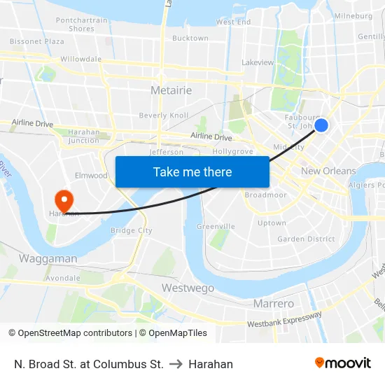 N. Broad St. at Columbus St. to Harahan map