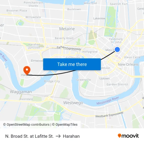 N. Broad St. at Lafitte St. to Harahan map