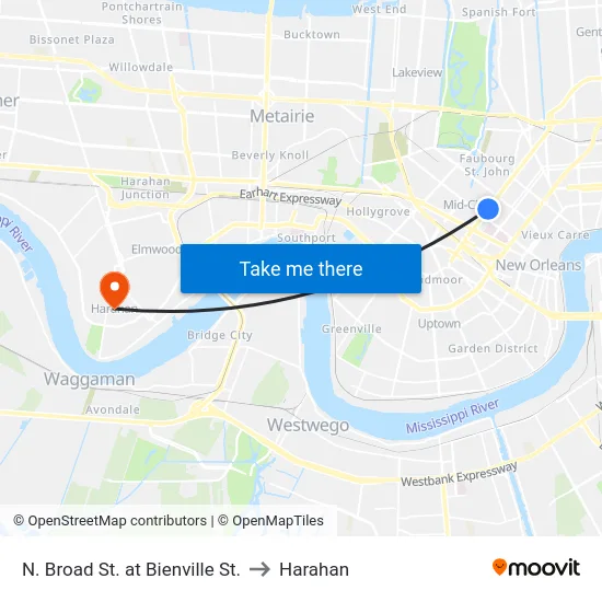 N. Broad St. at Bienville St. to Harahan map