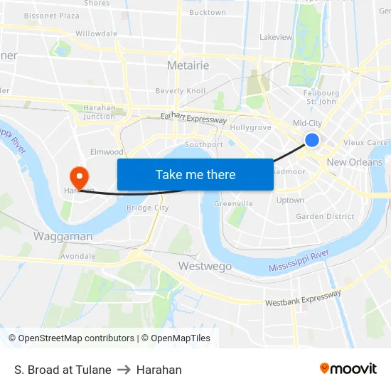 S. Broad at Tulane to Harahan map
