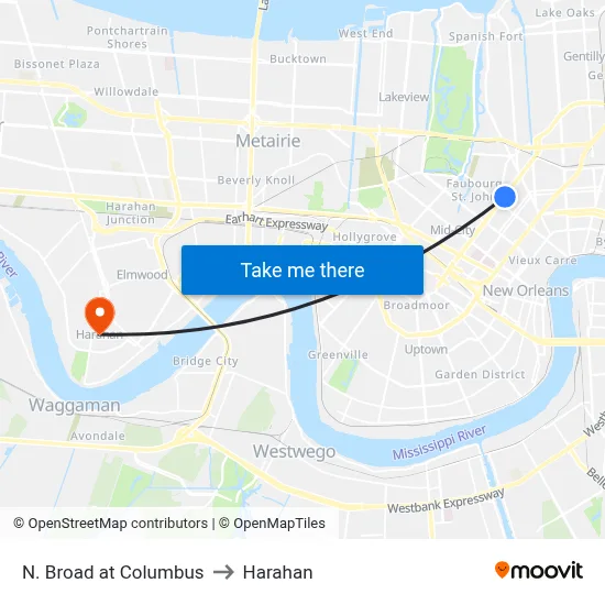 N. Broad at Columbus to Harahan map