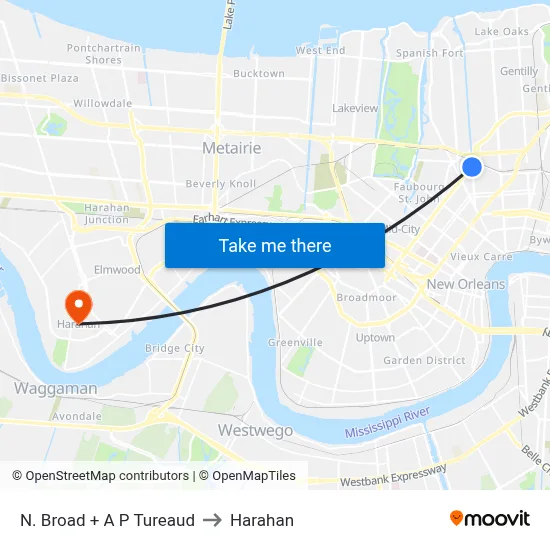 N. Broad + A P Tureaud to Harahan map