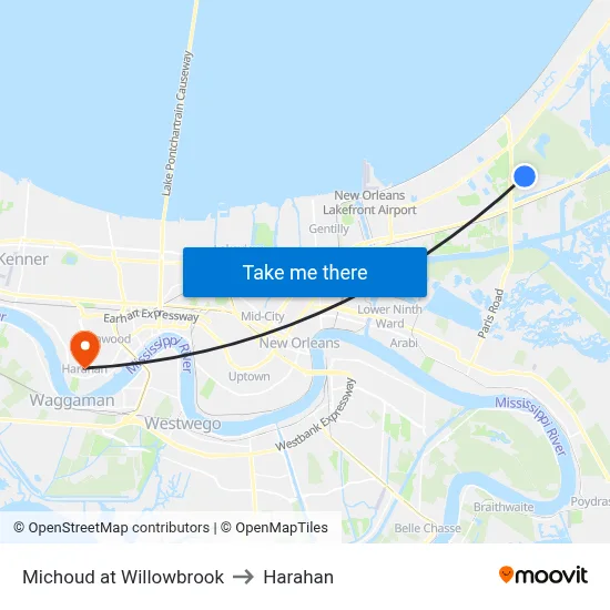Michoud at Willowbrook to Harahan map