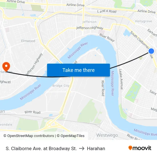 S. Claiborne Ave. at Broadway St. to Harahan map