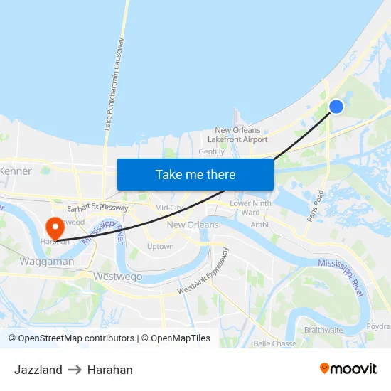 Jazzland to Harahan map