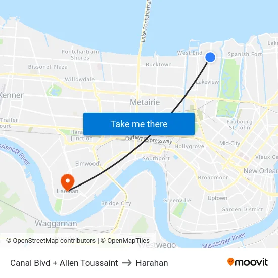 Canal Blvd + Allen Toussaint to Harahan map
