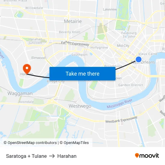 Saratoga + Tulane to Harahan map