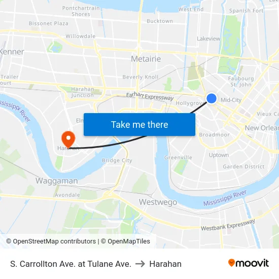 S. Carrollton Ave. at Tulane Ave. to Harahan map