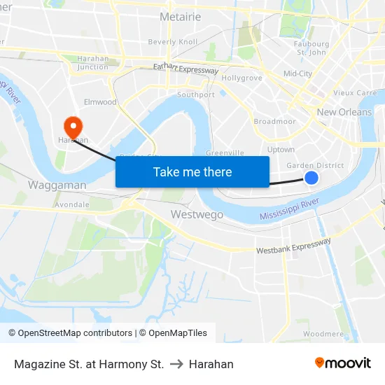 Magazine St. at Harmony St. to Harahan map