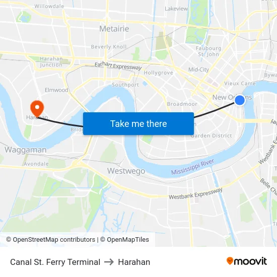 Canal St. Ferry Terminal to Harahan map