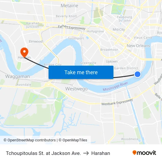 Tchoupitoulas St. at Jackson Ave. to Harahan map