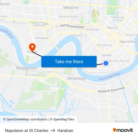 Napoleon at St Charles to Harahan map