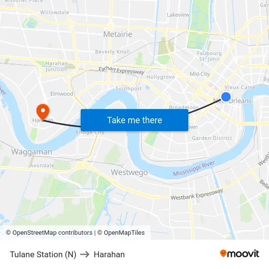 Tulane Station (N) to Harahan map