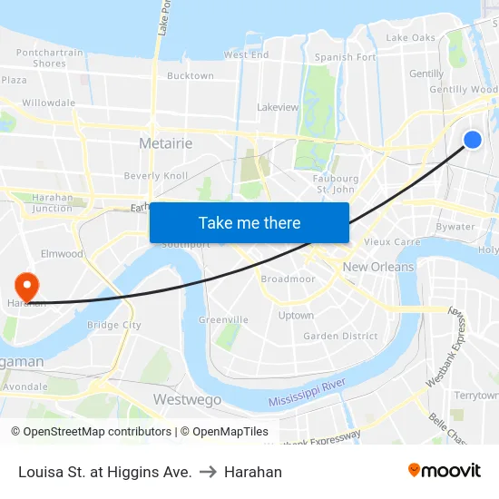 Louisa St. at Higgins Ave. to Harahan map