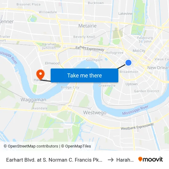 Earhart Blvd. at S. Norman C. Francis Pkwy. to Harahan map