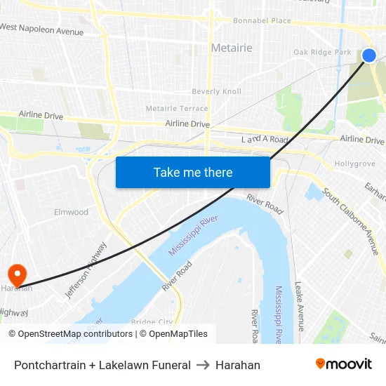 Pontchartrain + Lakelawn Funeral to Harahan map