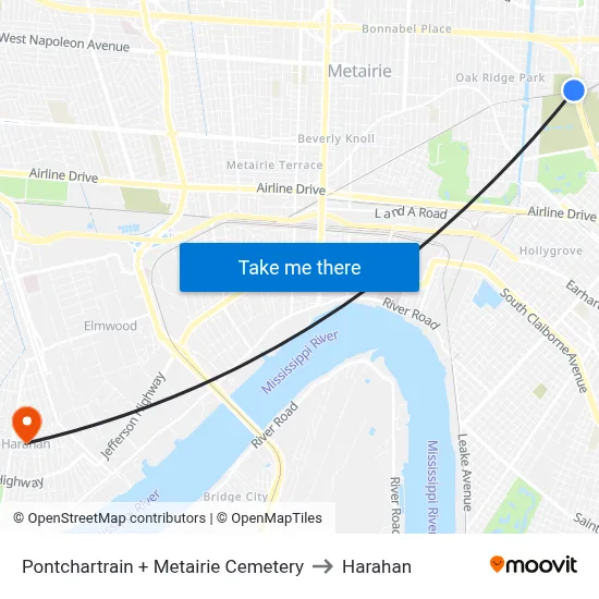 Pontchartrain + Metairie Cemetery to Harahan map