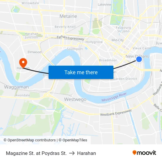 Magazine St. at Poydras St. to Harahan map