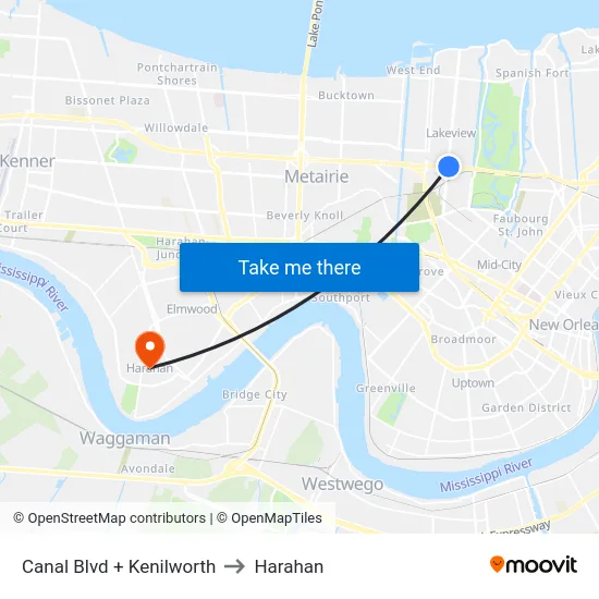 Canal Blvd + Kenilworth to Harahan map