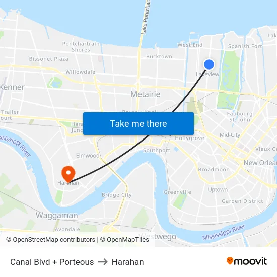 Canal Blvd + Porteous to Harahan map
